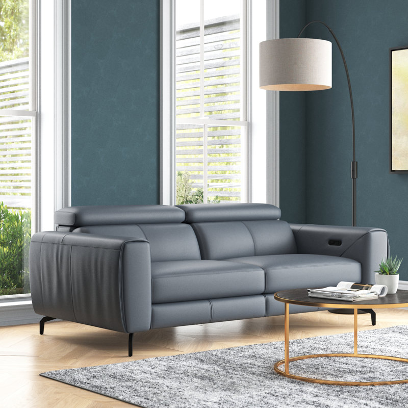 Genuine Leather Square Arm Reclining Sofa, Blue Gray Genuine Leather, 30" H x 70" W x 41" D 