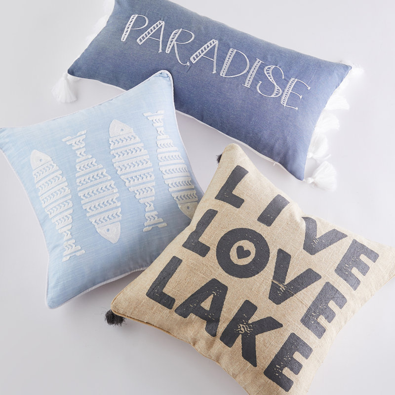 Blue and Cream Embroidered Nautical Fish Throw Pillow