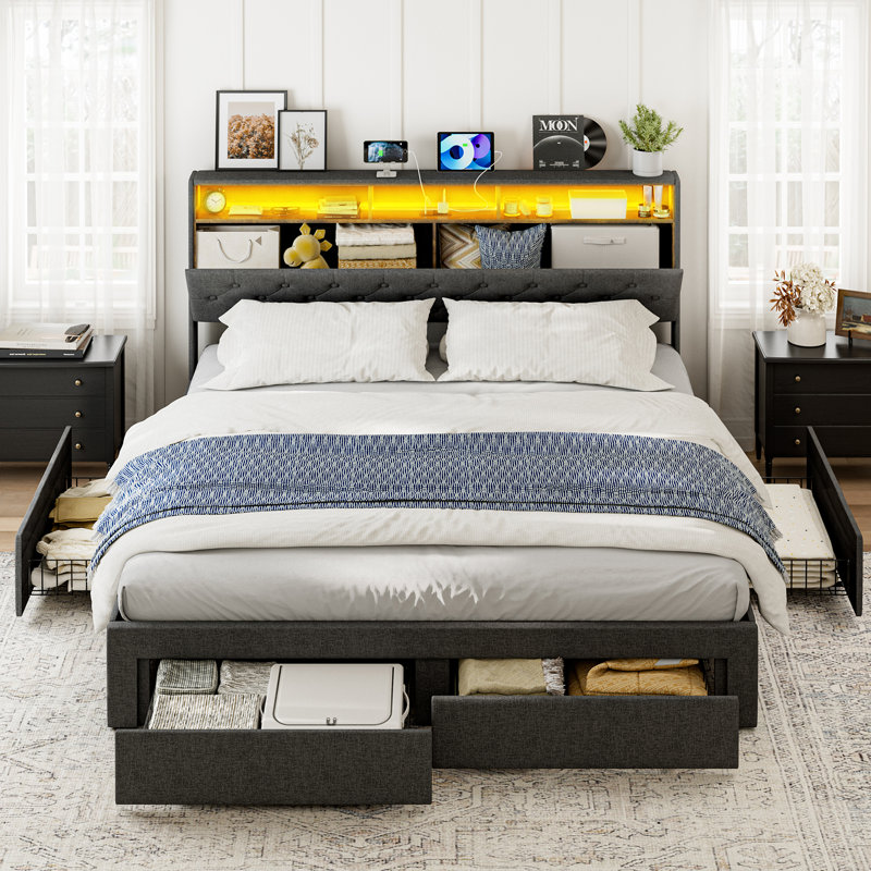  Bed Frame With Hidden Storage Headboard & Drawers, Upholstered Full Platform Bed With Led Lights, Type-C Charging Station, No Box Spring Needed, Solid Wood Slats