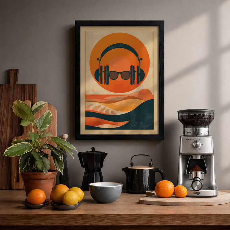 Headphones & Sunglasses Retro - Framed Print, A2 - 59.4 x 42.0 cm, Black
