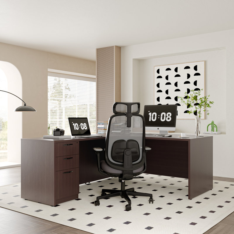 Bow Front L-Shaped Executive Desk With File Cabinet, Brown