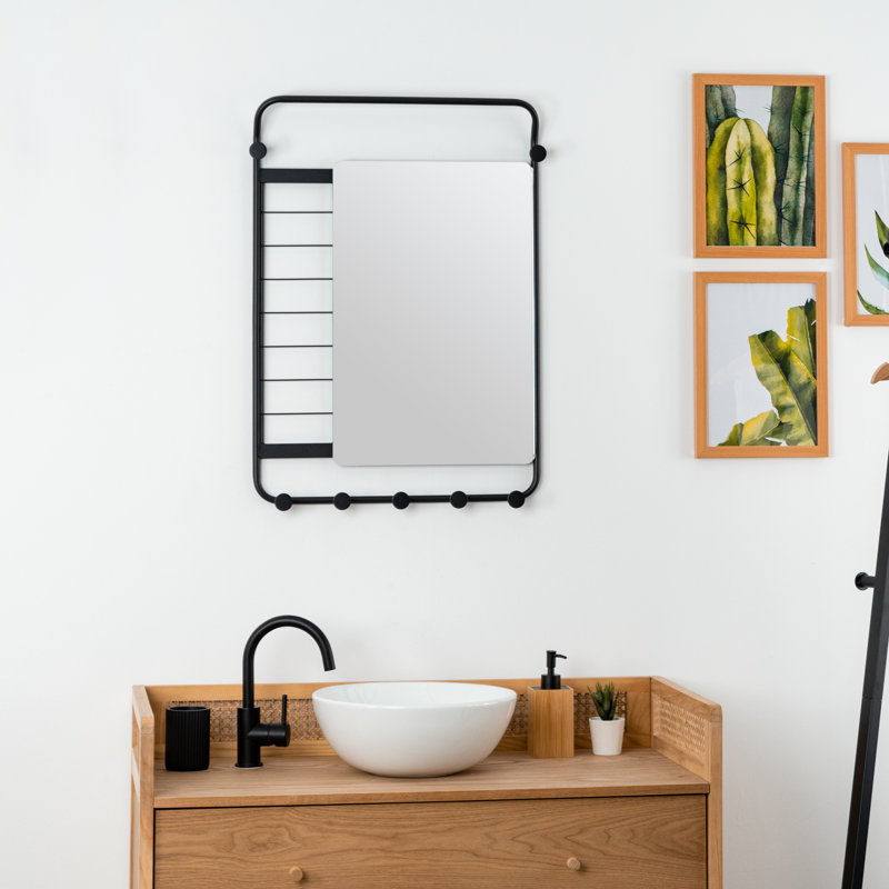Furness Metal Flat Wall Mirror with Hooks, Black