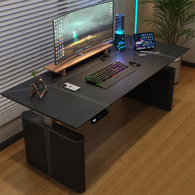 Black Rectangular Leather Standing desk, Black/Black, 49.21" H x 86.61" W x 27.56" D