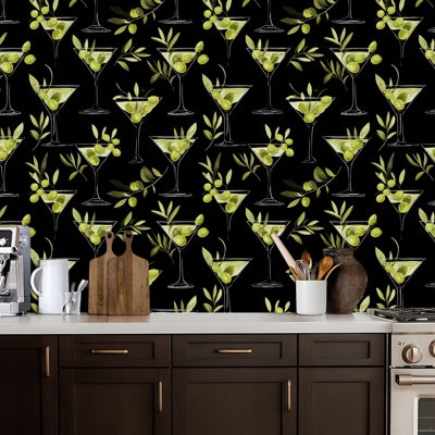Papier peint adhésif autocollant avec verres élégants, olives vertes, papier de contact noir, adhésif amovible pour décor de chambre à coucher, armoires de cuisine 17,7 po x 118 po
