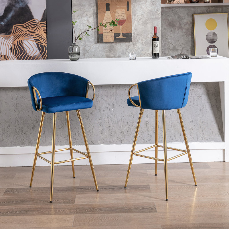 Tabourets Dardar, avec repose-pieds chromé et base / tabouret simple à pieds dorés, Bleu