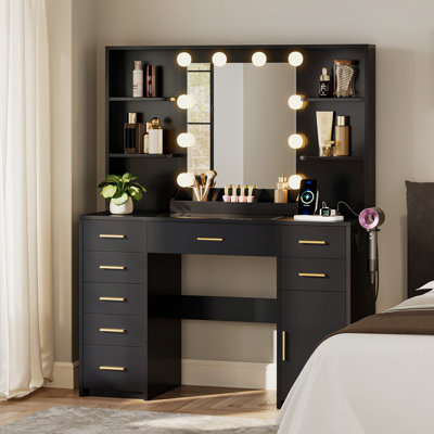Modern Makeup Vanity With Adjustable Led Lighting And Charge Station by Ebern Designs