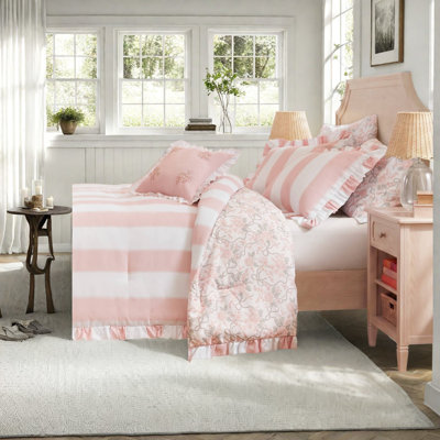 Ensemble de literie pour grand lit double rose, ensemble de chambre à coucher en microfibre à volants