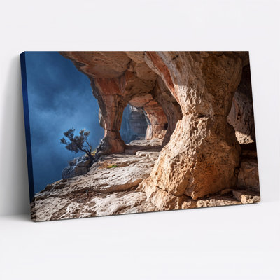 Arches rocheuses en grès beige et arbre solitaire sous un ciel bleu - Tableau sur toile