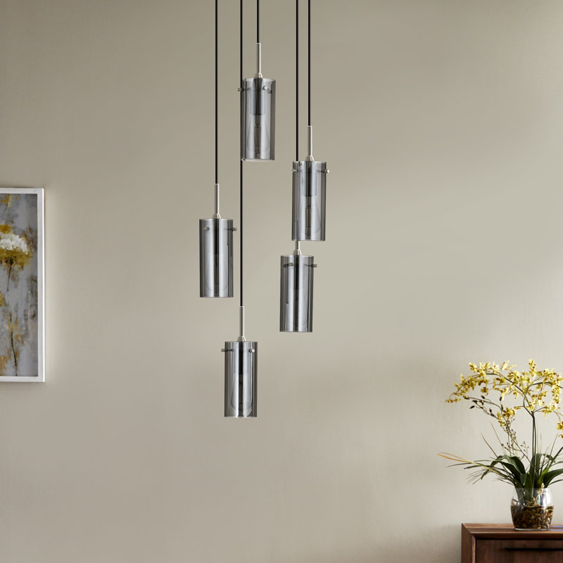 Luminaire suspendu cylindrique à 5 lumières Angelina, Nickel brossé, Fumée