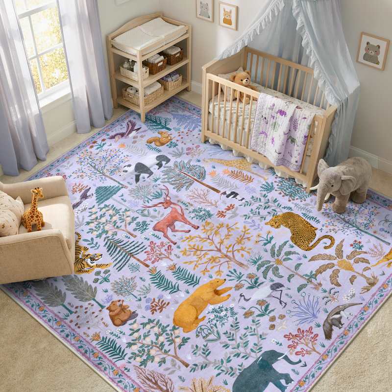  Goldene Whimsical Jungle Animal Washable Area Rug for Kids Room & Nursery, Soft Non-Slip Botanical Playroom Carpet
