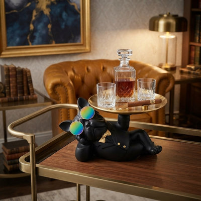 Figurine Gentle en résine, bouledogue, plaque décorative, objets décoratifs fourre-tout noir avec plateau doré à portée de main - pour le vestibule, la table basse et la décoration intérieure
