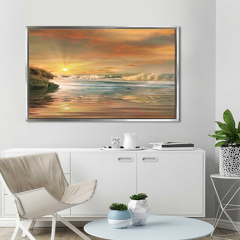 «Sundown», reproduction de peinture acrylique sur toile, H 21,5 po x l 33,5 po x P 2 po, Cadre flottant argent