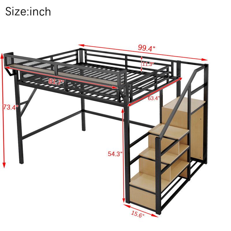 Queen Loft Bed with Stairs, Metal Loft Beds Queen Size Adults with Storage Shelves and Wardrobe, Heavy Duty High LoftBed for Kids, Adults,No Noise, No Box Spring Needed,Black