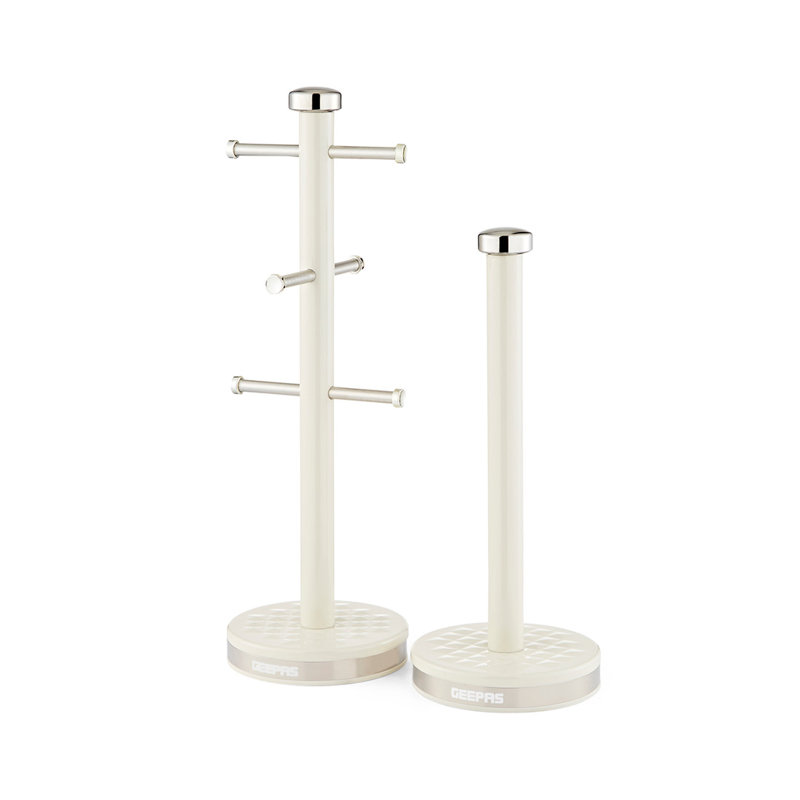 GEEPAS Argyle Mug Tree and Towel Pole Set | Rust Corrosion Free Carbon Steel Material Non-Slip Base Free Standing Design Kitchen Counter Storage Space Saver | Holds Upto 6 Mugs
