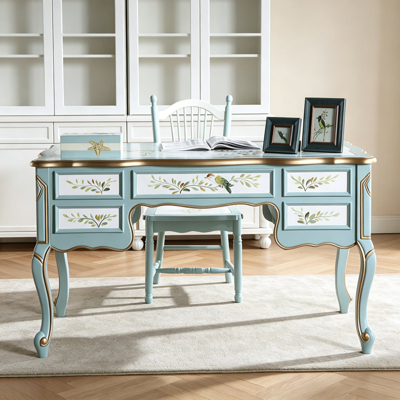 Retro Blue Rectangular Solid Wood Writing Desk, 32.67" H x 55.11" W x 27.55" D