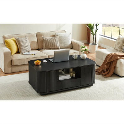 Table basse avec tiroirs et rangements, panneau de fibres à densité moyenne noir élégant, design incurvé ondulé, salon ou bureau