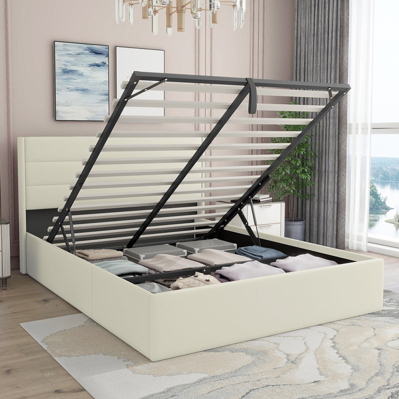 Denicolais Hydraulic Lift Up Upholstered Storage Bed with Wingback  Headboard, Queen, Velvet Cream