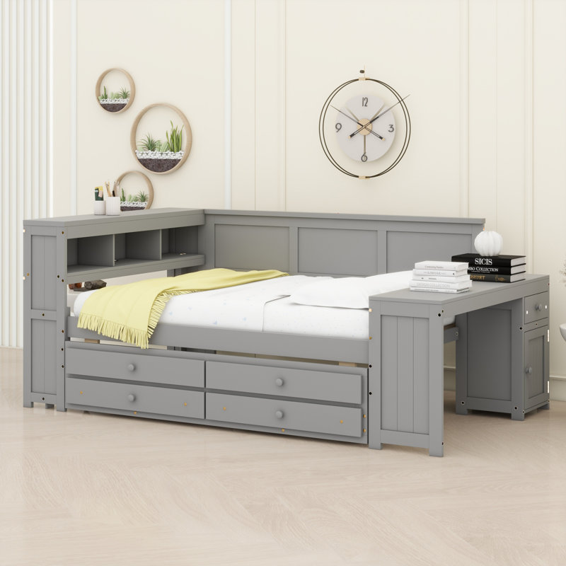 Lit de jour tout-en-un avec lit gigogne, station de charge, éclairage DEL, bureau et armoire intégrés, Gris