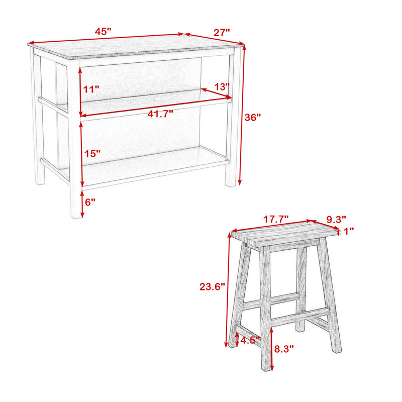 Rishvie 3-Pcs Stationary Kitchen Island Set With 2 Stools and 2 Shelves