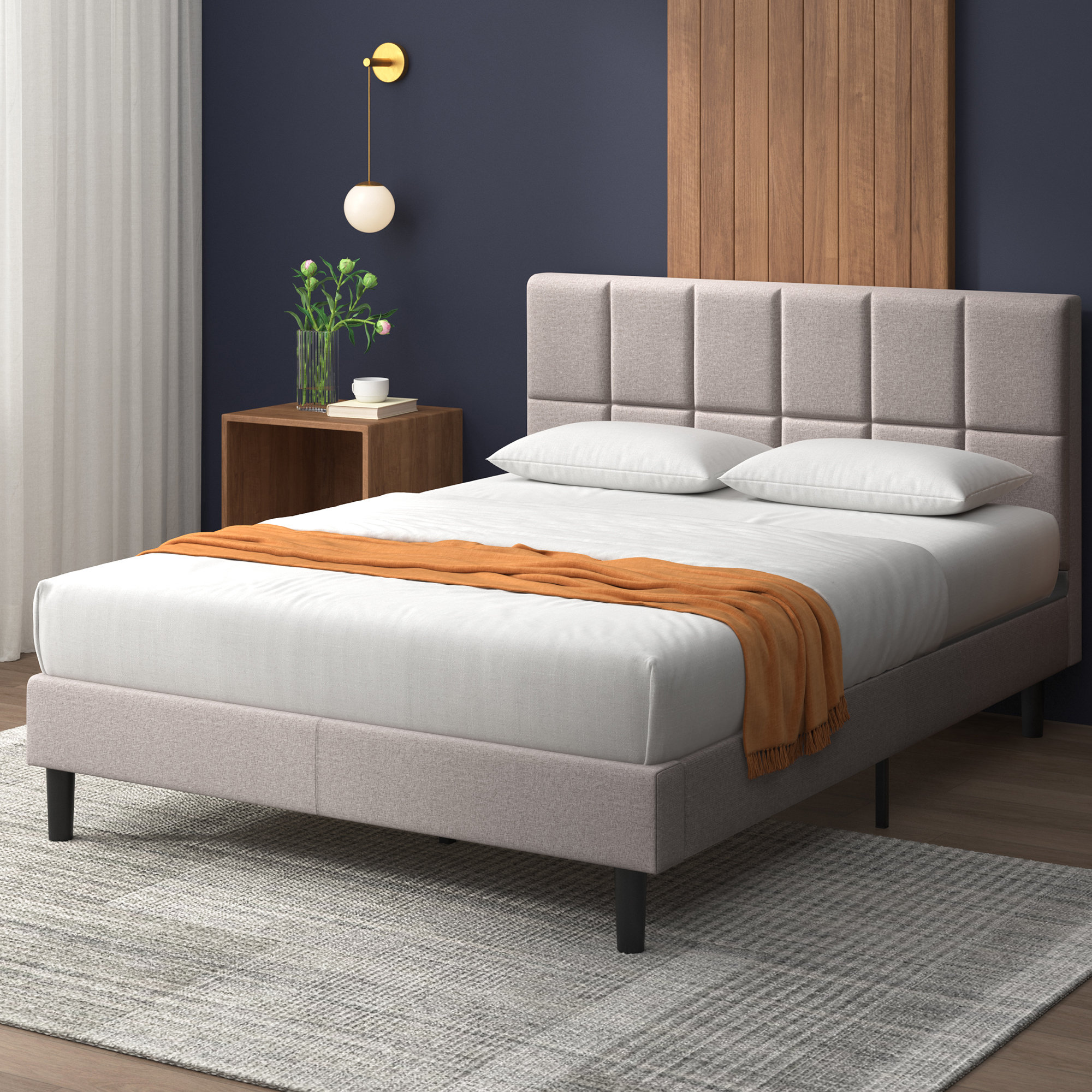 Harry Upholstered Platform Bed Color Dark Beige Size Queen