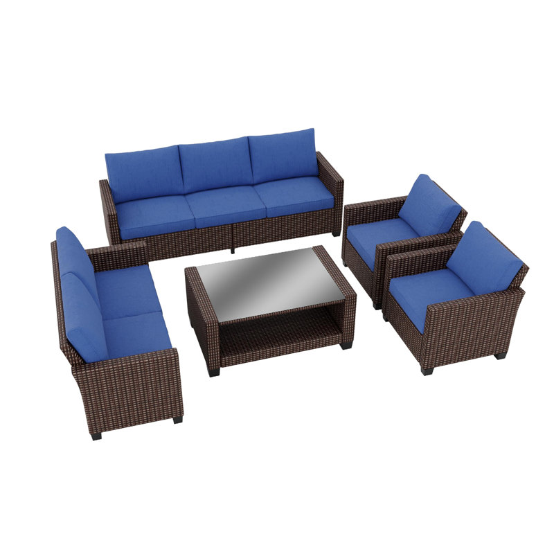 Patio Furniture Set 5 Pieces, Rattan Wicker Sectional Patio Seating Sofas With Cushions And Glass Coffee Table