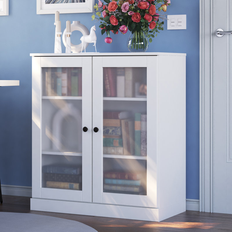 Palace Imports 100% Solid Wood 3-Shelf Bookcase, Frosted Glass Doors, Adjustable Shelves, 32" Wide, 35.75" Tall, White