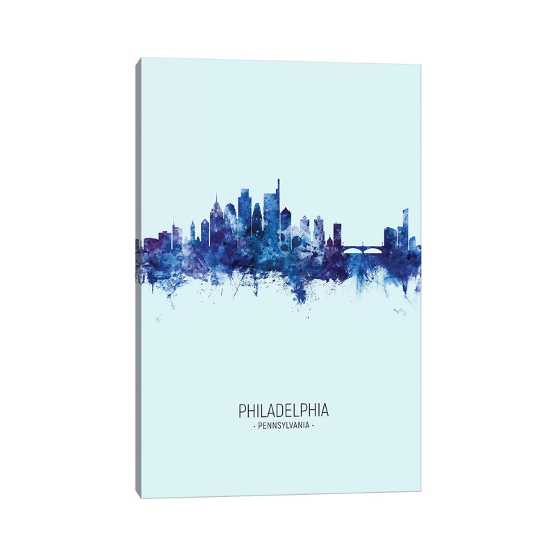 Philadelphia Skyline Portrait Dark Blue by Michael Tompsett - 1 Piece Wrapped Canvas Wall Art, 30.48 cm H x 45.72 cm W