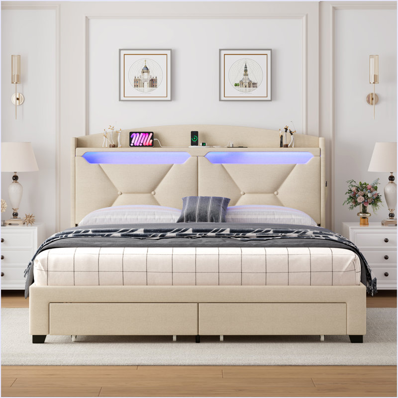 Lit avec tête de lit avec rangement et 2 tiroirs, Beige, Grand lit