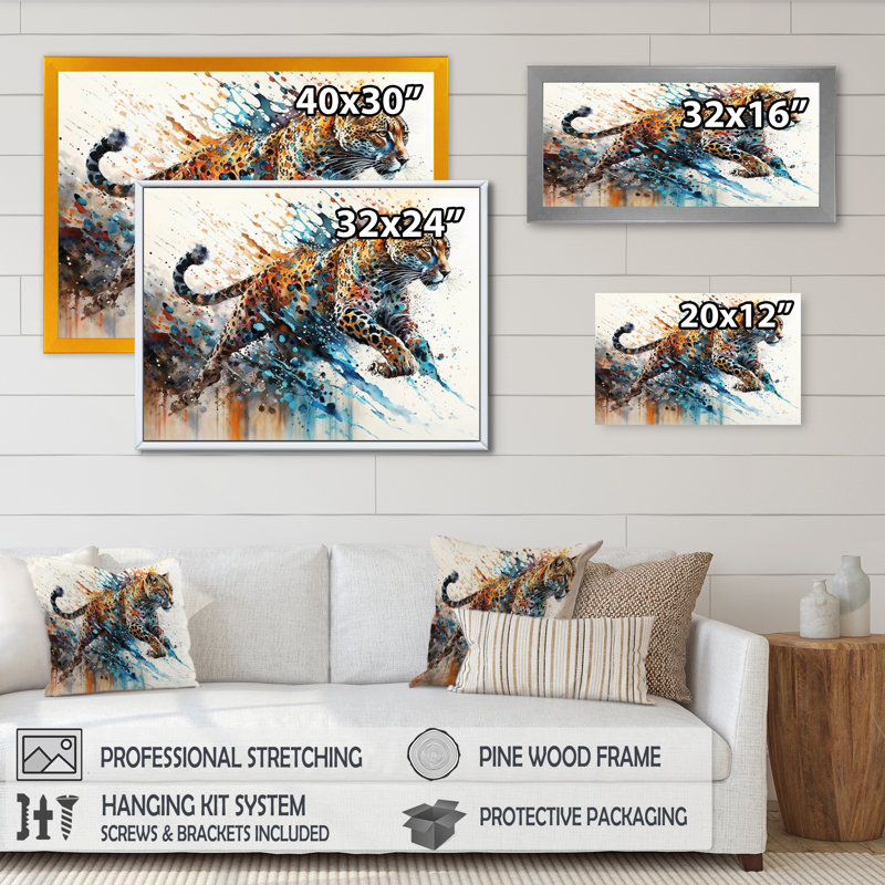 Guépard - art mural guépard, H 30 po x l 40 po x P 1,5 po, Cadre flottant noir
