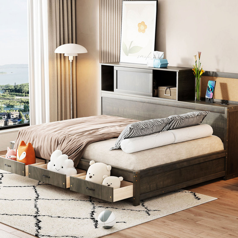 Full Size Gray Wooden Daybed With Storage Function, Shelf, And Device - Charging Outlets For Electronics Daybed, Offering 3 Drawers, Tech
