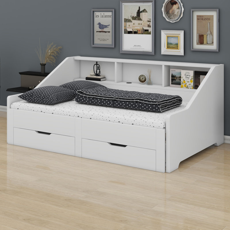 Daybed Frame With Storage Bookcases And Two Drawers,Charging Design, White