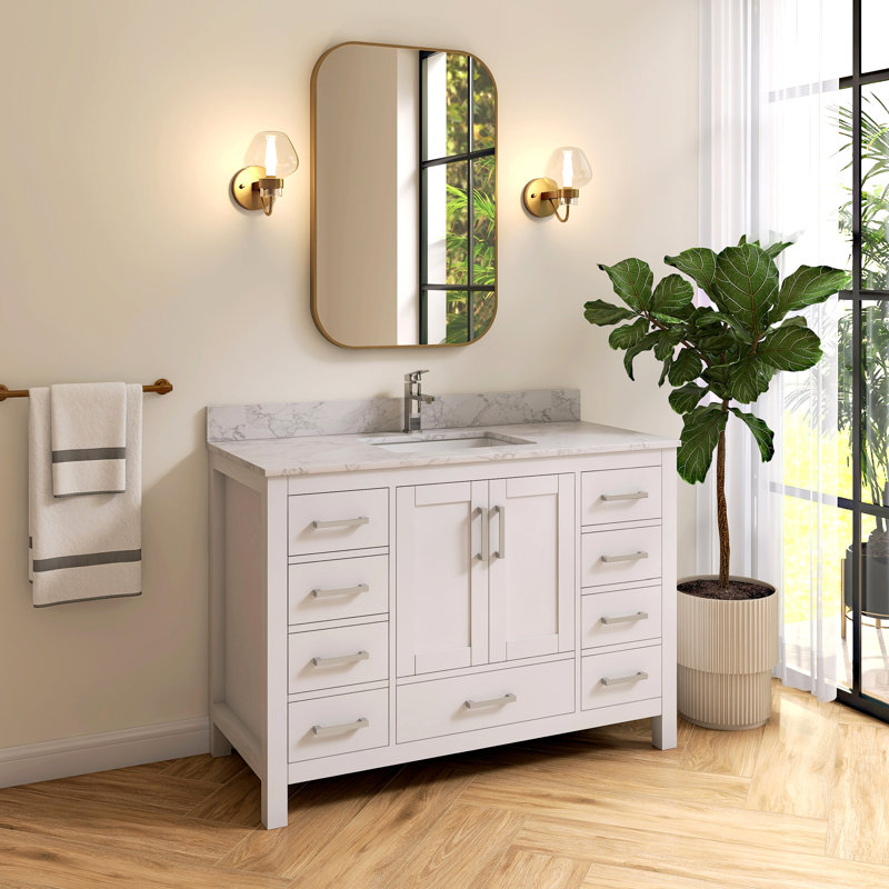 Ensemble de meuble-lavabo simple 48 po avec dessus en granite blanc Aura, Blanc, 48"