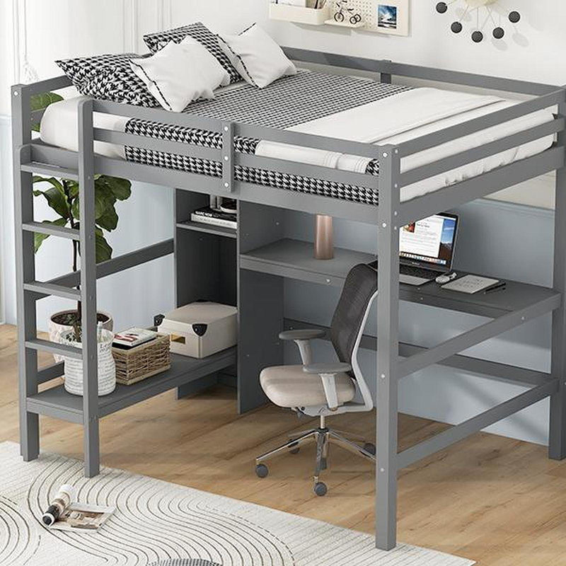 Lit mezzanine double avec tablettes multifonctionnelles et bureau sous le lit, gris