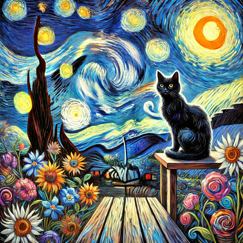 Nuit étoilée avec chat noir et fleurs sur toile tendue, H 30 po x l 30 po x P 1,5 po