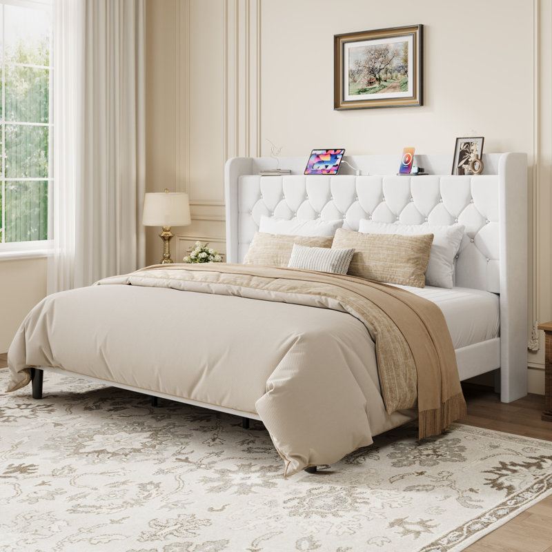 Modern Tufted Upholstered Bed In Velvet Or Linen With Charging Station & Headboard Shelf, High Clearance Under Bed Storage
