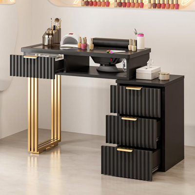 Table de manucure pour Nail Tech, station de bureau à clou avec collecteur de poussière, poste de travail de salon de beauté résistant à l'acétone avec 4 tiroirs, lumière DEL