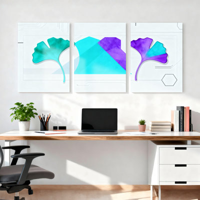 Abstract Ginkgo Leaf and Geometric Mountain Canvas Wrapped Wall Art, Modern Minimalist Print (Set of 3)