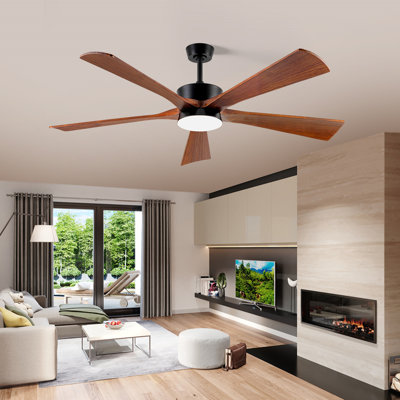60'' Modern 5-blade Ceiling Fan With Led Light & Remote Control, Reversible Motor, Walnut Solid Wood Blades – Black Finish