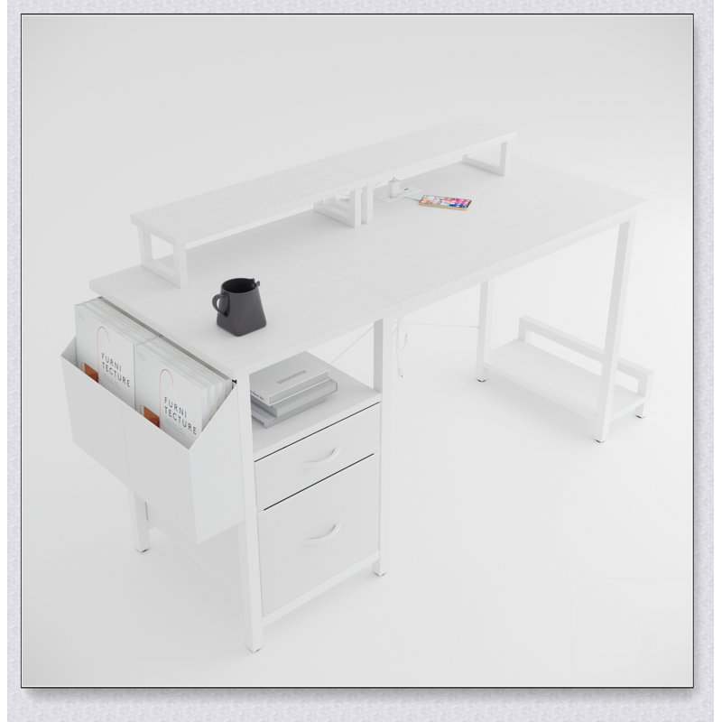 47.3"office desk with power outlet,2 Monitor Stands,2 drawers,Side Pocket,Easy to Assemble,Frame stability Reversible,use for home desk, computer desk, game table
