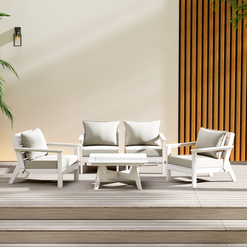 Ensemble de conversation à assise profonde 5 pièces, Blanc, Blanc