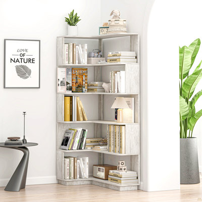 Bibliothèque de coin autoportante en L de 90 cm (35,43 po) à 5 niveaux pour salon, chambre à coucher, bureau à domicile, bibliothèque en bois avec panneau anti-chute et dispositif anti-basculement, tablette ouverte