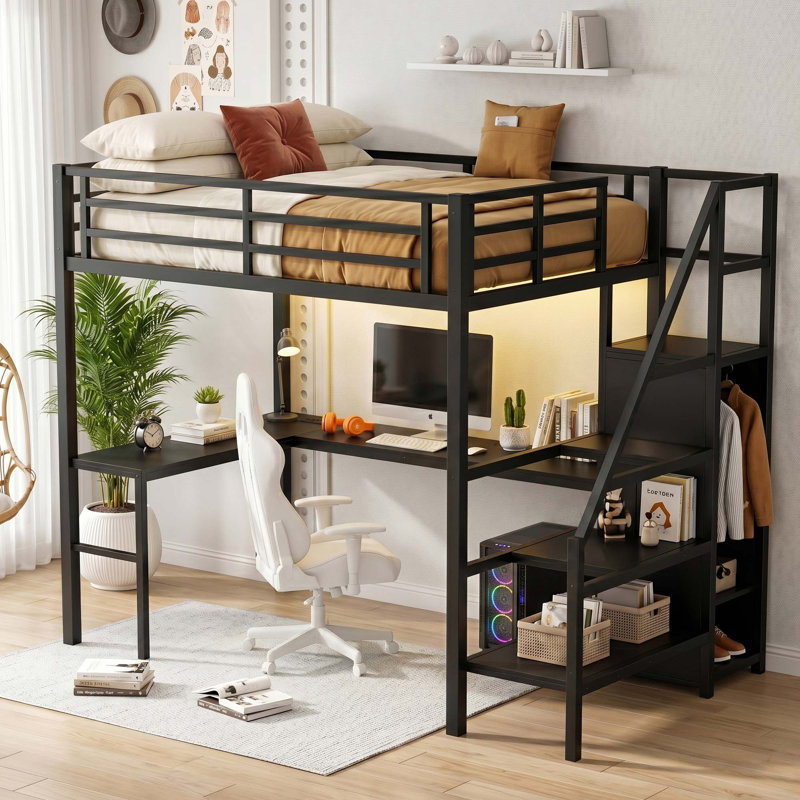Lit mezzanine double en métal avec escalier de rangement réversible et bureau en L pour chambre d'adolescent