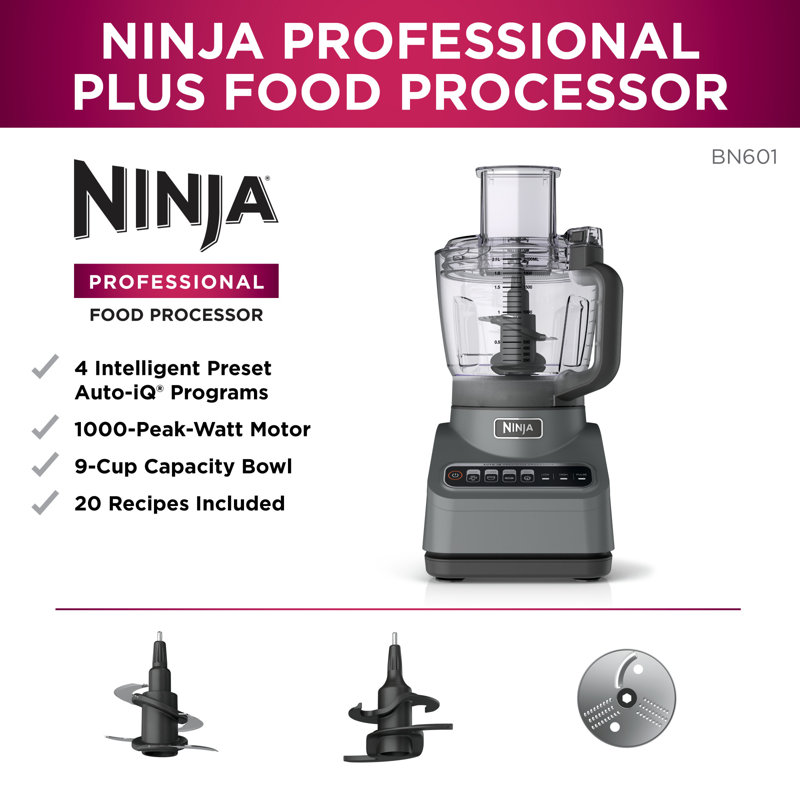 Ninja Food Processor, Professional Plus, 1000 Peak Watts, 4 Functions for Chopping, Slicing, Purees & Dough with 9-Cup Processor Bowl, 3 Blades, Food Chute & Pusher, Silver