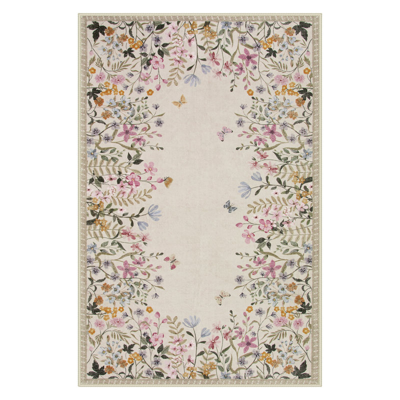     Floral Vintage Washable Beige 4X6 Area Rug with Non Slip Backing - Low Pile Durable Carpet for Living Room, Bedroom, Dining Room or Office Decor