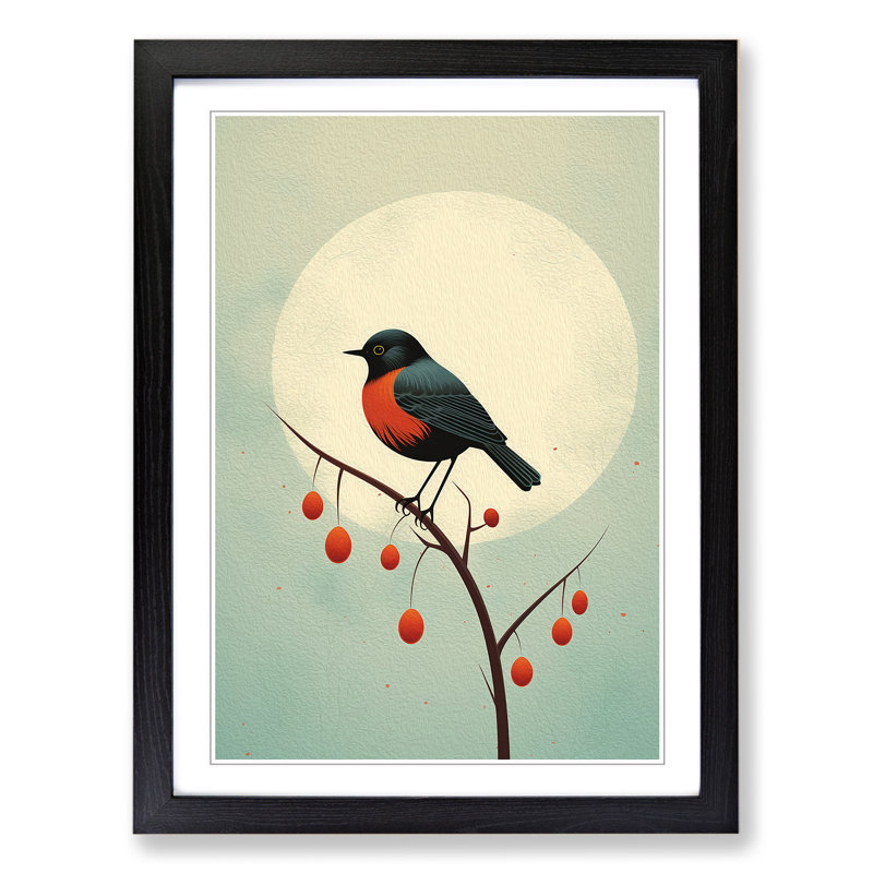 Robin Bird Minimalism - Single Picture Frame Print on Wood, 46cm H x 34cm W x 2cm D, Black Framed