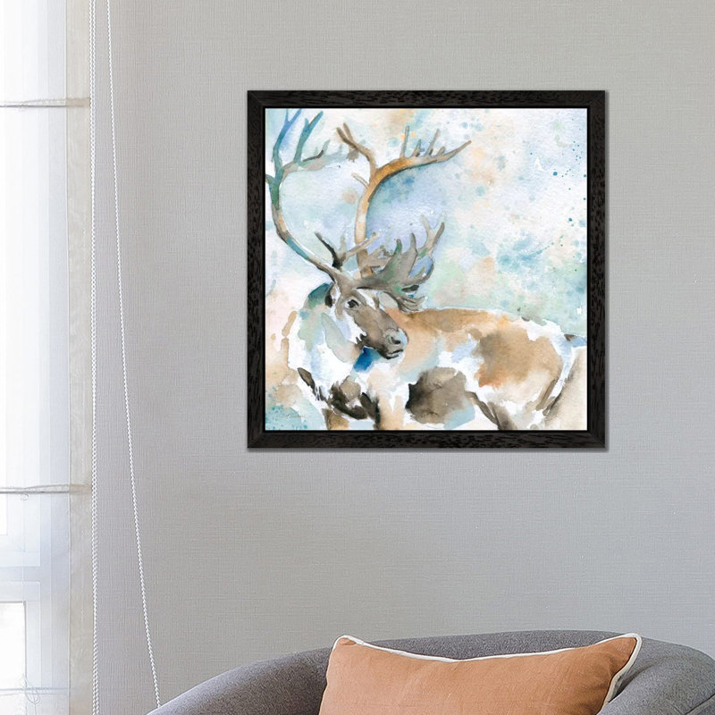 Caribou On Blue by Carol Robinson - Floater Frame Painting on Canvas, 45.72 cm H x 45.72 cm W, Black