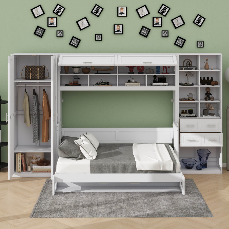 Armoire murale escamotable en bois avec armoire murale et tiroir ouvert, Lit double, Blanc