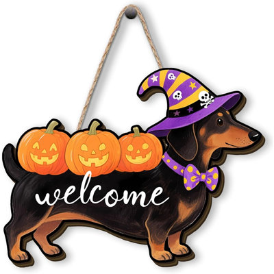 Funny Dachshund Pumpkin Halloween Door Sign, Cute Wooden Welcome Wreath, Spooky Spider Web Front Door Decor, Dog Lover Halloween Decoration for Home, Porch & Party