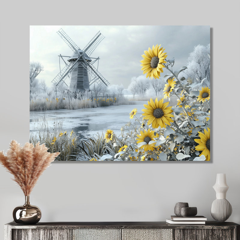 Tournesols et moulin à vent gelé - Moulins à vent, impression sur métal, H 12 po x l 20 po