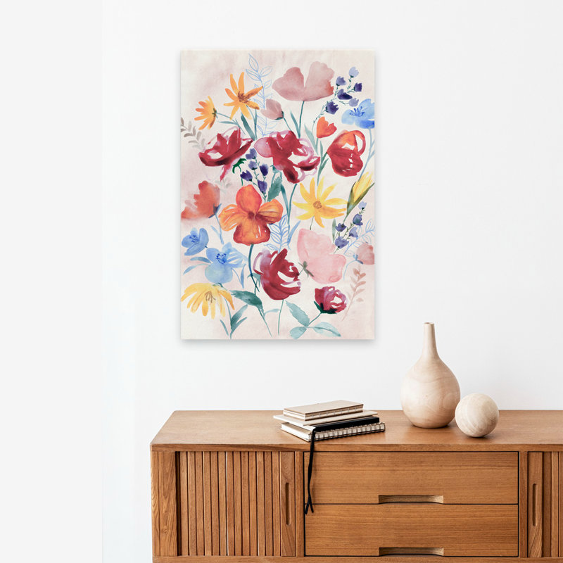 Fleurs et feuilles, fleurs douces dans une douce aquarelle, H 24 po x l 16 po